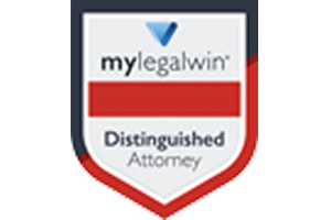 mylegalwin Distinguished Attorney award badge in a red, white, and blue shield design