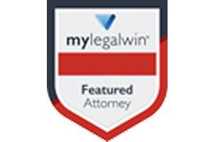 mylegalwin Featured Attorney award badge in a red, white, and blue shield design